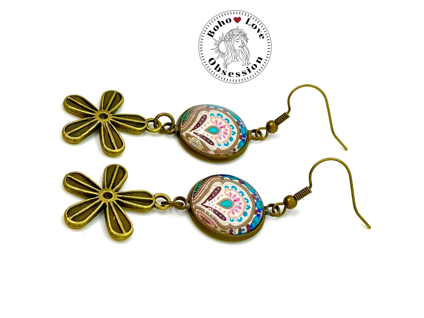 Happy Blooms Daisy Earrings|Cabochon Dangle Earrings|Boho Flower Earrings|Gift for her|Bohemian Bronze Earrings|BohoLoveObsession