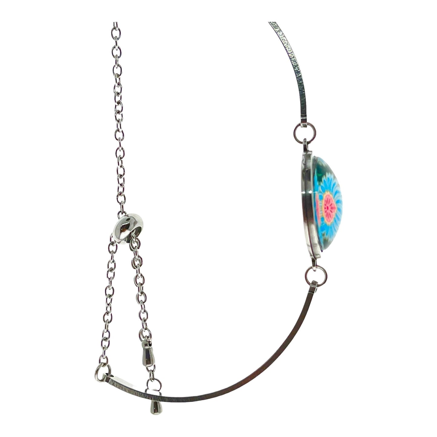 Blue Fuzzy Flower Sliding Bead Bracelet, Adjustable Chain Bracelet, Bohemian Womens Bangle, Unique Boho Jewelry, BohoLoveObsession