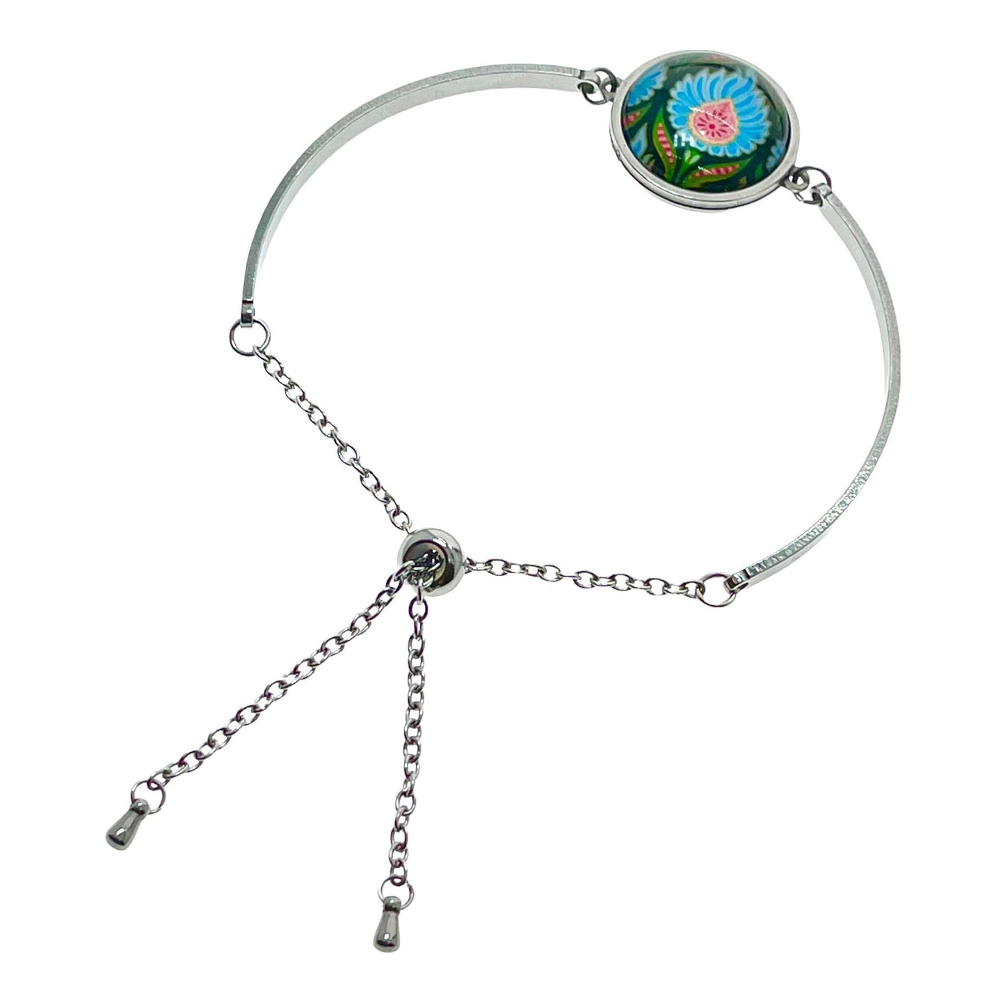 Blue Fuzzy Flower Sliding Bead Bracelet, Adjustable Chain Bracelet, Bohemian Womens Bangle, Unique Boho Jewelry, BohoLoveObsession