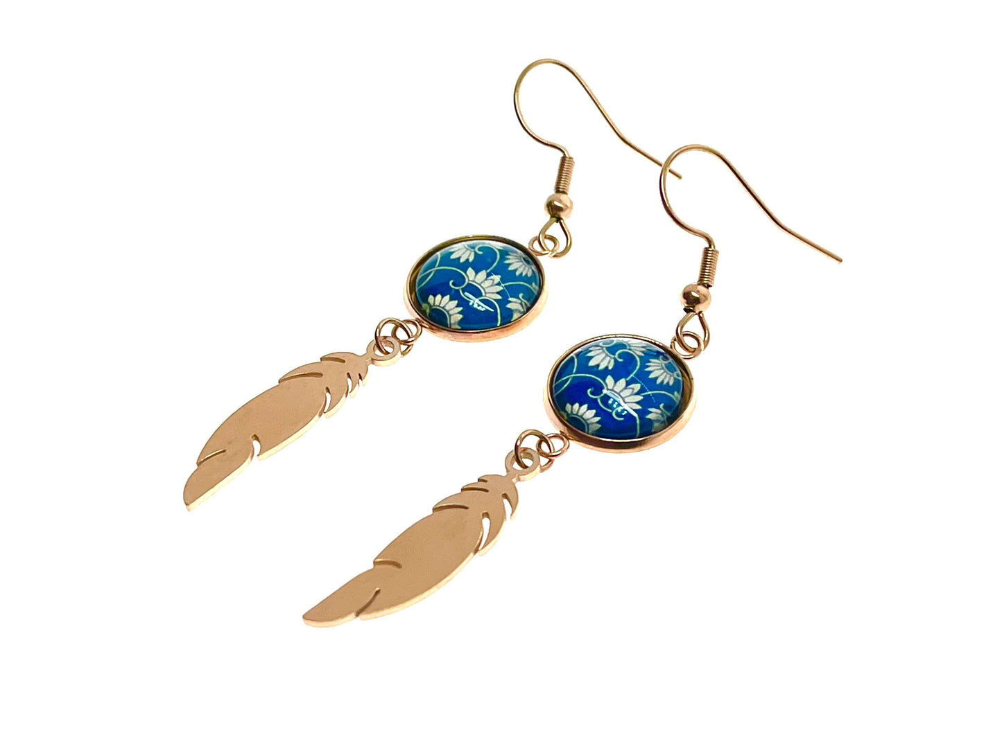 Blue Belle Feather Earrings, Rose Gold Drop Dangle Accessory, Small Photo Glass Cabochon Charm, Ear Wire for Woman, Boho Love Obsession