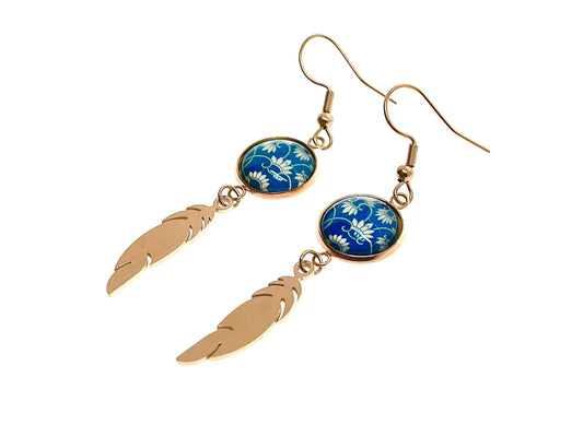 Blue Belle Feather Earrings, Rose Gold Drop Dangle Accessory, Small Photo Glass Cabochon Charm, Ear Wire for Woman, Boho Love Obsession