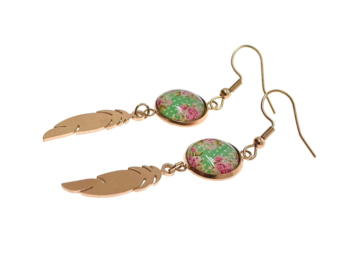 Minty Feather Earrings, Rose Gold Womens Jewelry, Bohemian Ear Charm, Drop Dangle Accessory, Retro Gypsy Ear Wire, Boho Love Obsession