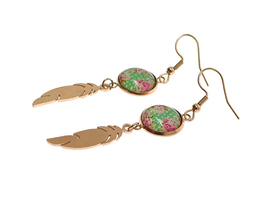 Minty Feather Earrings, Rose Gold Womens Jewelry, Bohemian Ear Charm, Drop Dangle Accessory, Retro Gypsy Ear Wire, Boho Love Obsession