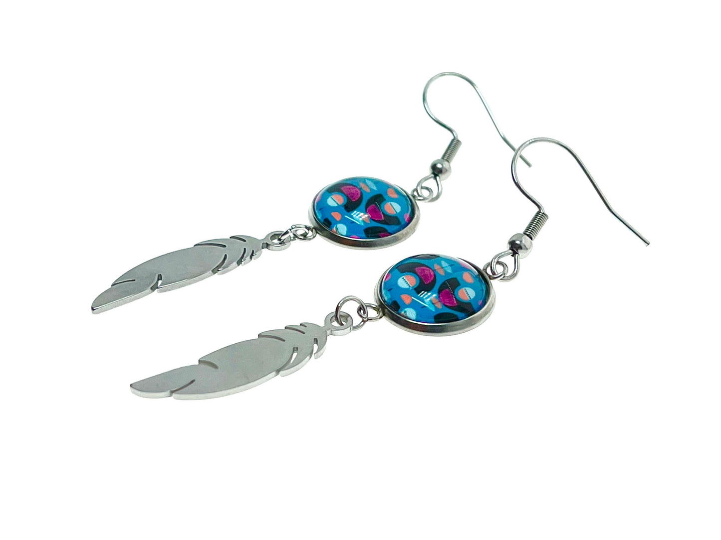 Blue Moon Child Feather Earrings, Bohemian Drop Dangle Accessory, Small Photo Glass Cabochon Charm, Womens Jewelry, Boho Love Obsession