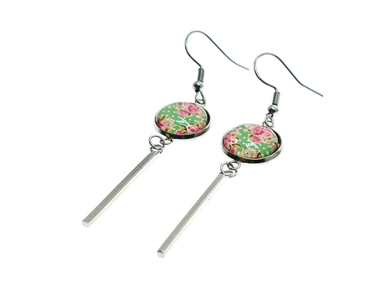Minty Long Bar Earrings, Bohemian Womens Ear Charm, Boho Vintage Jewelry, Retro Polka Dot Accessory, Antique Ear Wire, BohoLoveObsession