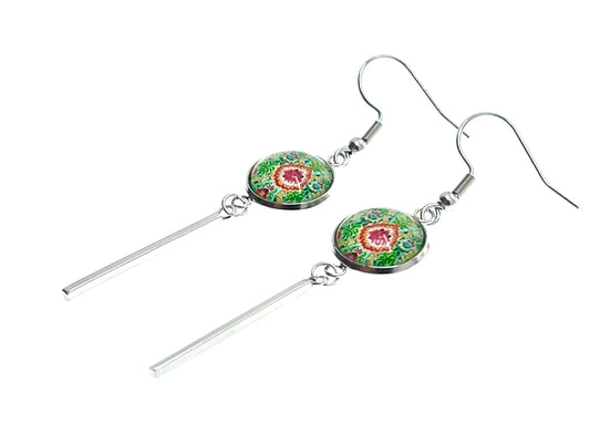 Pistachio Mandala Long Bar Earrings, Bohemian Rustic Jewelry, Small Womens Ear Charm, Retro Ear Wire, Hippie Accessory, BohoLoveObsession