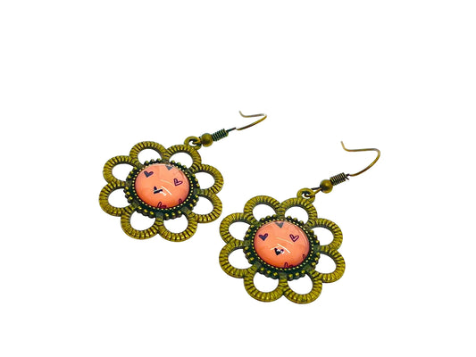 Pink& Bronze Daisy Dangles|Bronze Flower with Pink Cabochon Center Earrings|Gifts for her Mom Sister Grandma Wife Aunt| BohoLoveObsession