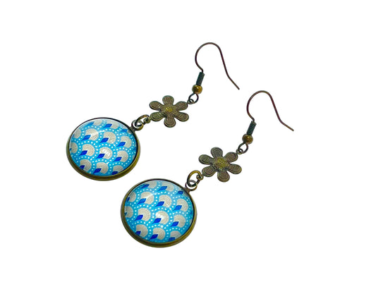 Little Blue Flower Dangles|Tiny Flower & Blue Cabochon Earrings|Gifts for her Mom Sister Grandma Cousin Wife Aunt| BohoLoveObsession