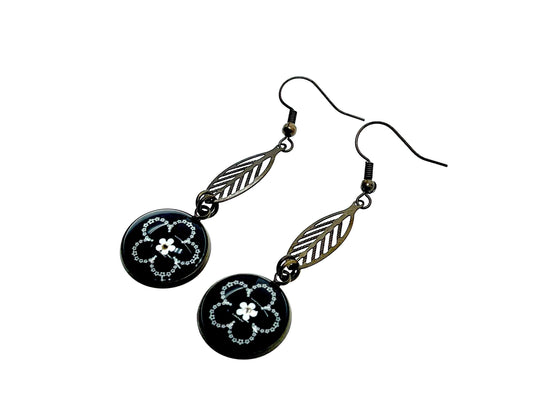 Dark Daisy Leaf Dangles|Black& White Flower Dangle Drop Cabochon Earrings|Gifts for her Mom Sister Wife Aunt Girlfriend| BohoLoveObsession