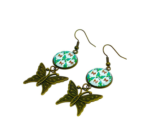 Emerald Butterfly Dangles, Unique Bohemian Jewelry, Vintage Charm Ear Wire, Boho Hippie Drop Dangle Accessory, BohoLoveObsession