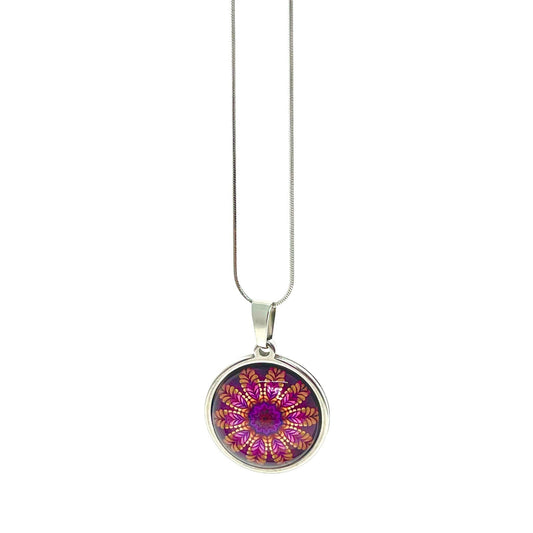 Magenta Daisy Necklace, Boho Vintage Pendant, Unique Bohemian Flower Bauble, Antique Chain, Round Hippie Bangle, BohoLoveObsession