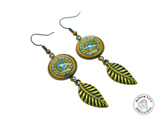 Sunshine Mandala Feather Dangles, Unique Antique Bohemian Jewelry, Vintage Charm, Boho Hippie Drop Dangle Accessory, BohoLoveObsession