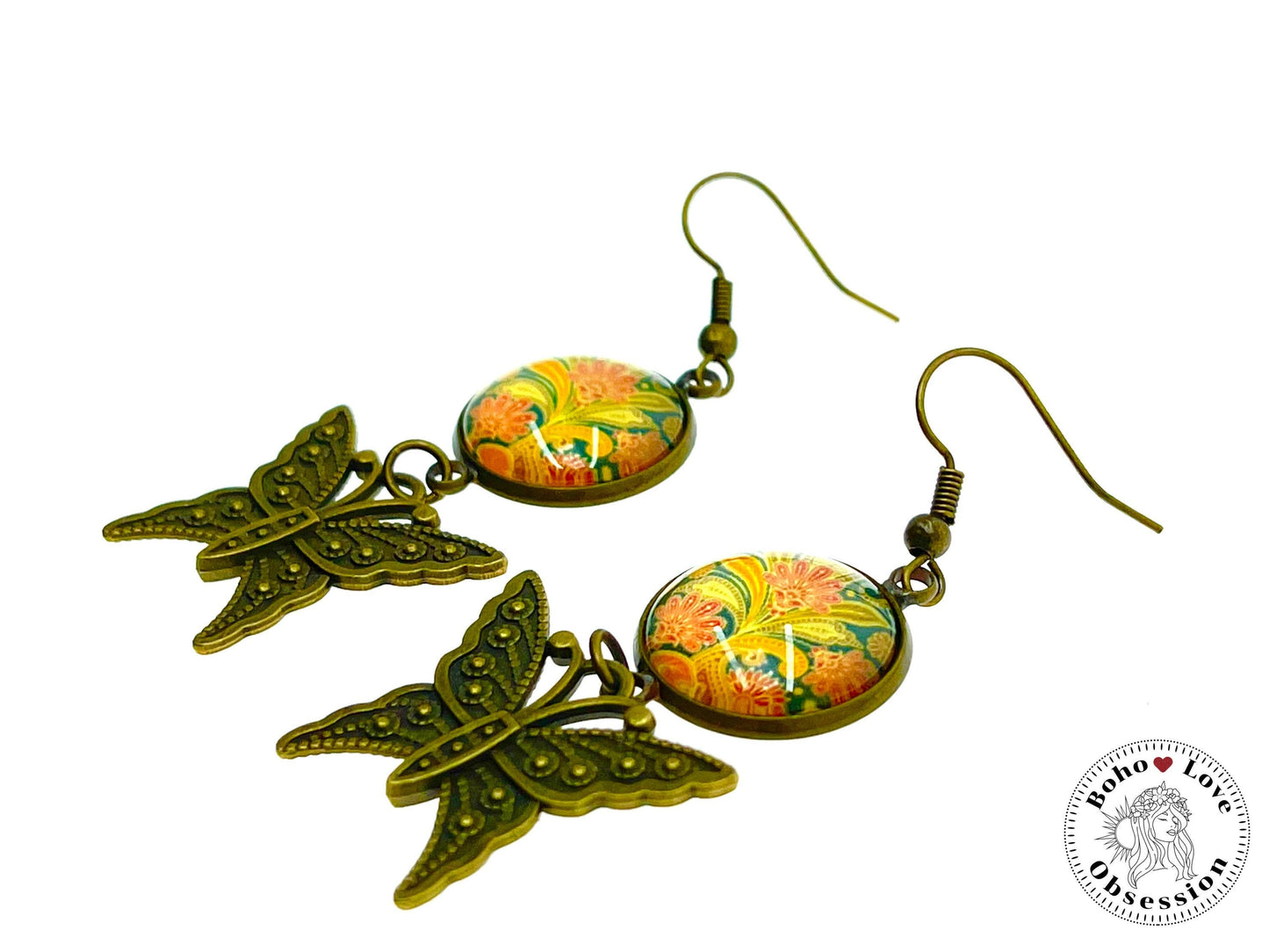 Pretty Paisley Butterfly Dangles, Unique Bohemian Jewelry, Vintage Charm Ear Wire, Boho Hippie Drop Dangle Accessory, BohoLoveObsession