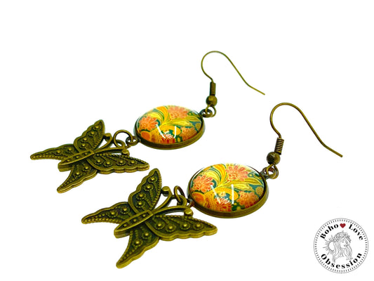 Pretty Paisley Butterfly Dangles, Unique Bohemian Jewelry, Vintage Charm Ear Wire, Boho Hippie Drop Dangle Accessory, BohoLoveObsession