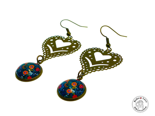 Orange Flame Vine Fancy Heart Dangles, Bronze Bohemian Earrings, Boho Chic, Unique Hippie Jewelry, Vintage Charm Earring, BohoLoveObsession
