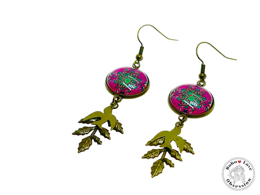 Pink Peace Dove Dangles, Boho Chic Earrings, Bronze Bohemian Ear Wires, Unique Hippie Jewelry, Vintage Charm Earring, BohoLoveObsession