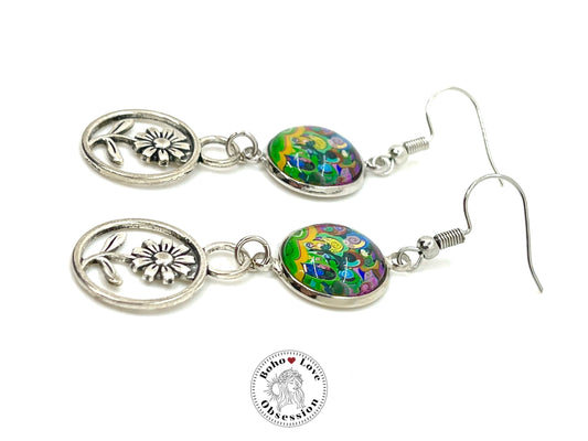 Lime Tie-dye Daisy Dangles, Boho Chic Earrings, Bohemian Flower Earrings, Unique Hippie Jewelry, Gift for Her, BohoLoveObsession