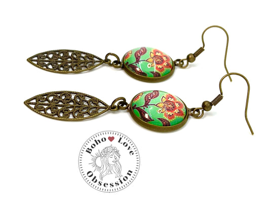 Poppy Flower Earrings| Drop Dangle Cabochon Earrings|Bronze Flower Earrings| Boho Leaf Dangle Earrings| BohoLoveObsession