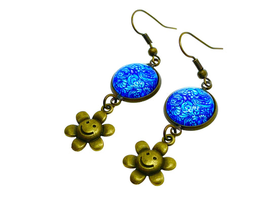 Happy Face Dangles, Boho Chic Earrings, Cute Bohemian Earrings, Unique Hippie Jewelry, Retro Flower Accessory, BohoLoveObsession