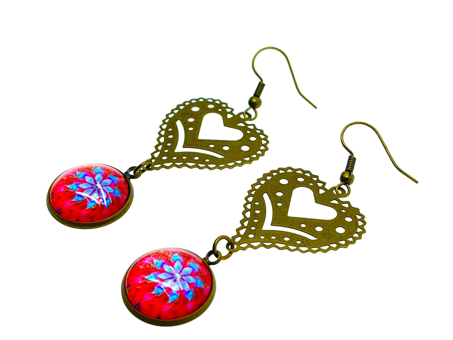 Cherry Red Fancy Heart Dangles, Bronze Bohemian Earrings, Boho Chic, Unique Hippie Jewelry, Vintage Charm Earring, BohoLoveObsession