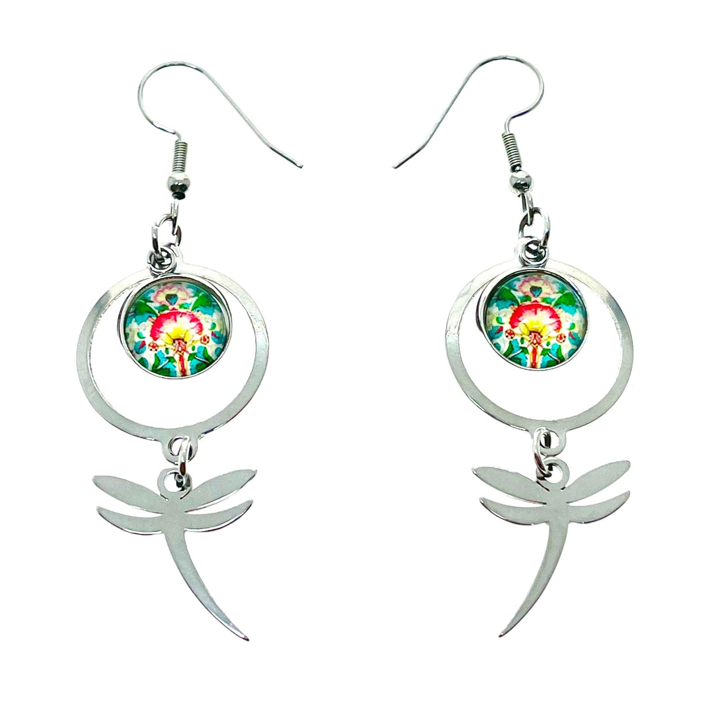 Bursting Blooms Dragonfly Earrings, Boho Hippie Jewelry, Bohemian Accessory, Rainbow Multicolor Floral Ear Wire Charm, Statement Pair