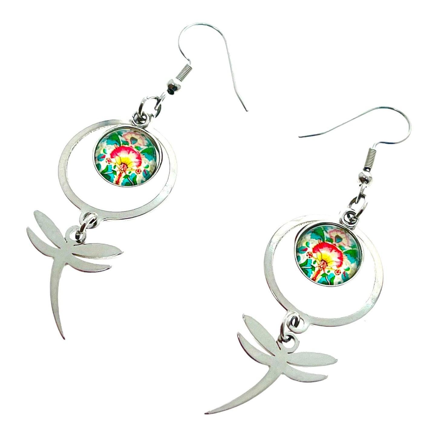 Bursting Blooms Dragonfly Earrings, Boho Hippie Jewelry, Bohemian Accessory, Rainbow Multicolor Floral Ear Wire Charm, Statement Pair