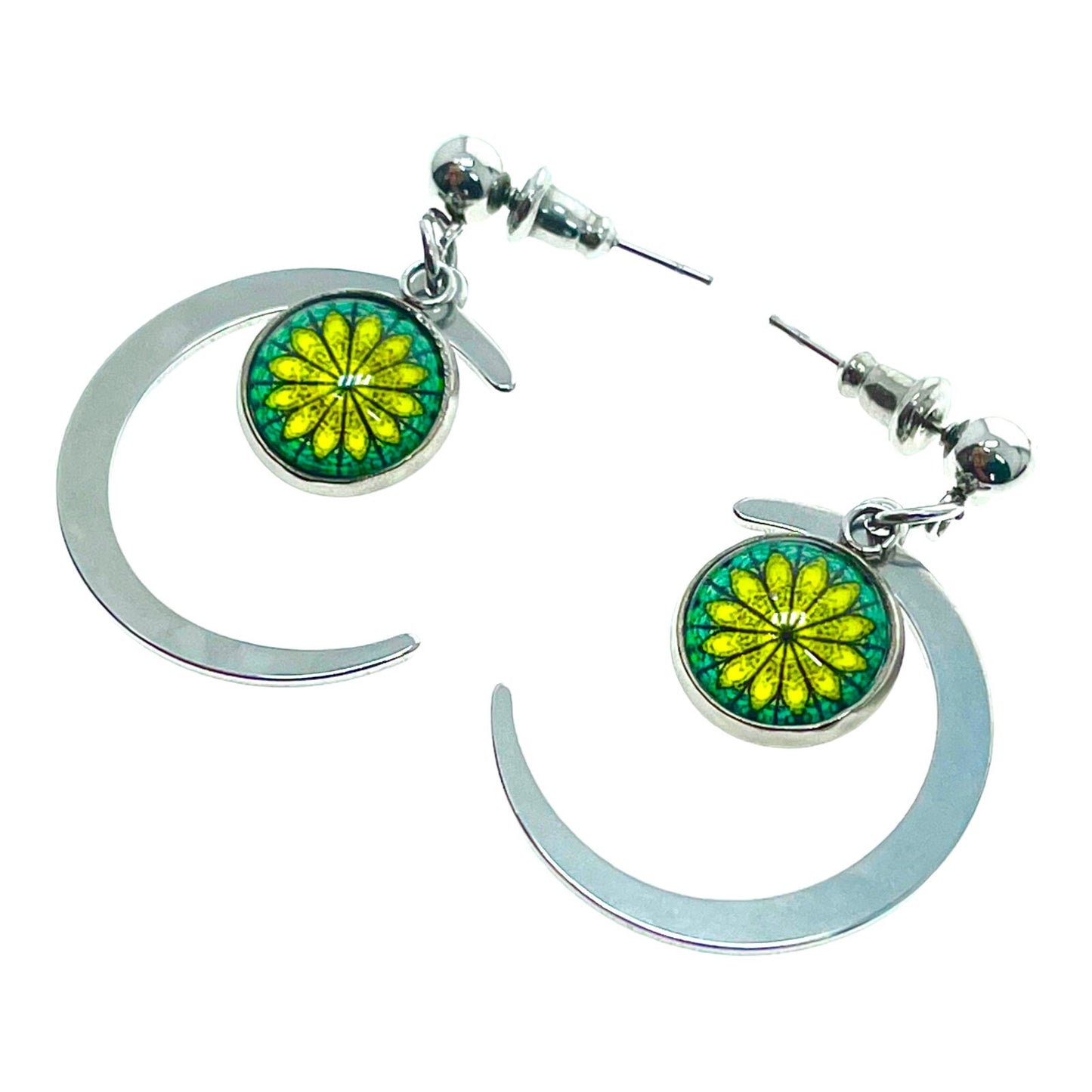 Emerald Starburst Crescent Moon Earrings, Celestial Drop Dangle Jewelry, Boho Hippie Statement Pair, Bohemian Ear Charm, BohoLoveObsession