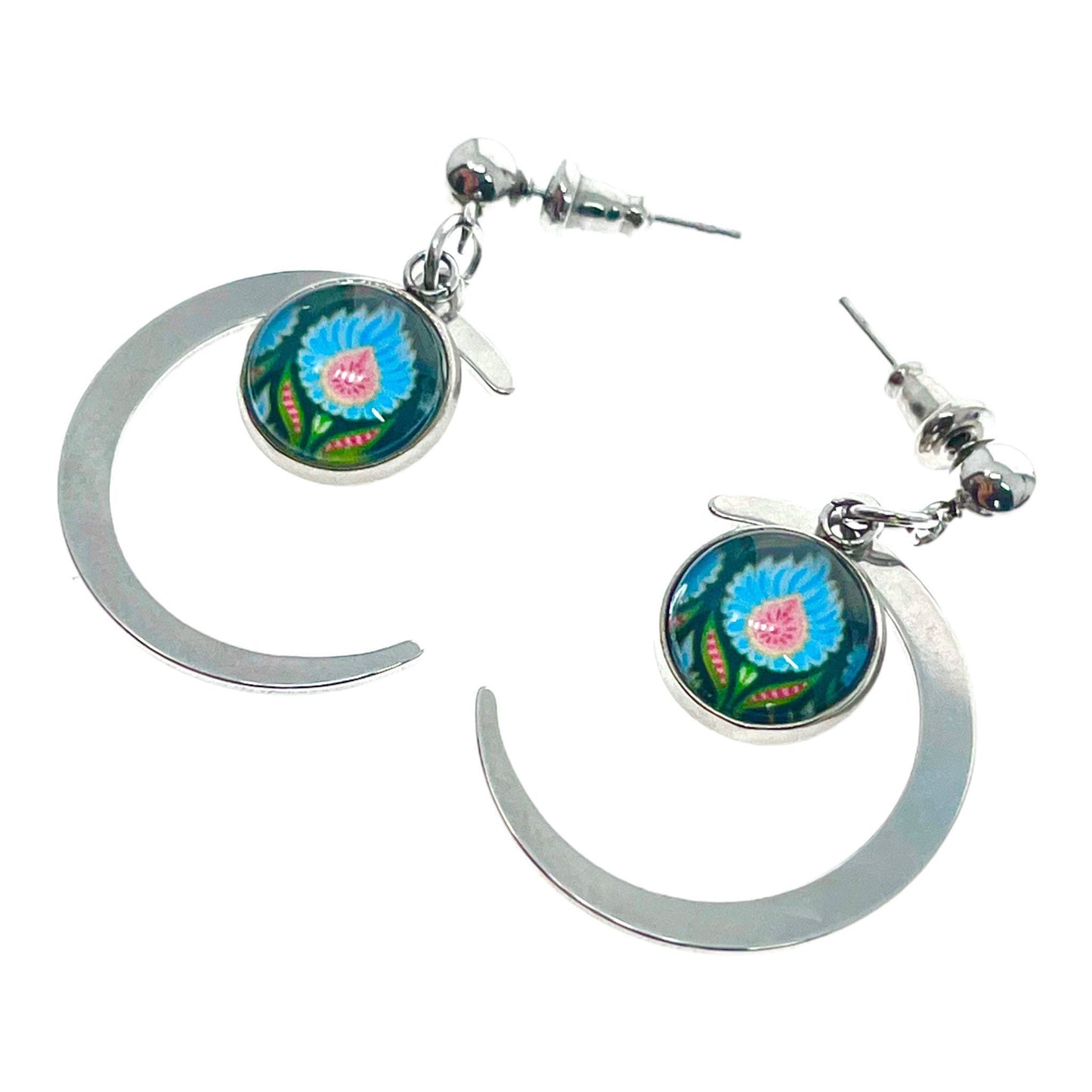 Blue Fuzzy Flower Crescent Moon Dangles, Boho Chic Earrings, Bohemian Celestial Earrings, Unique Hippie Jewelry, BohoLoveObsession