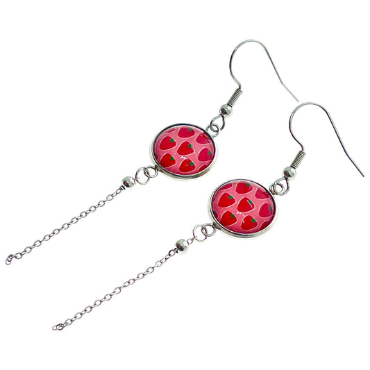 Sweet Strawberry Chain Dangler Earrings, Drop Dangle Jewelry Pair, Boho Accessory, Womens Girls Ear Charm, BohoLoveObsession