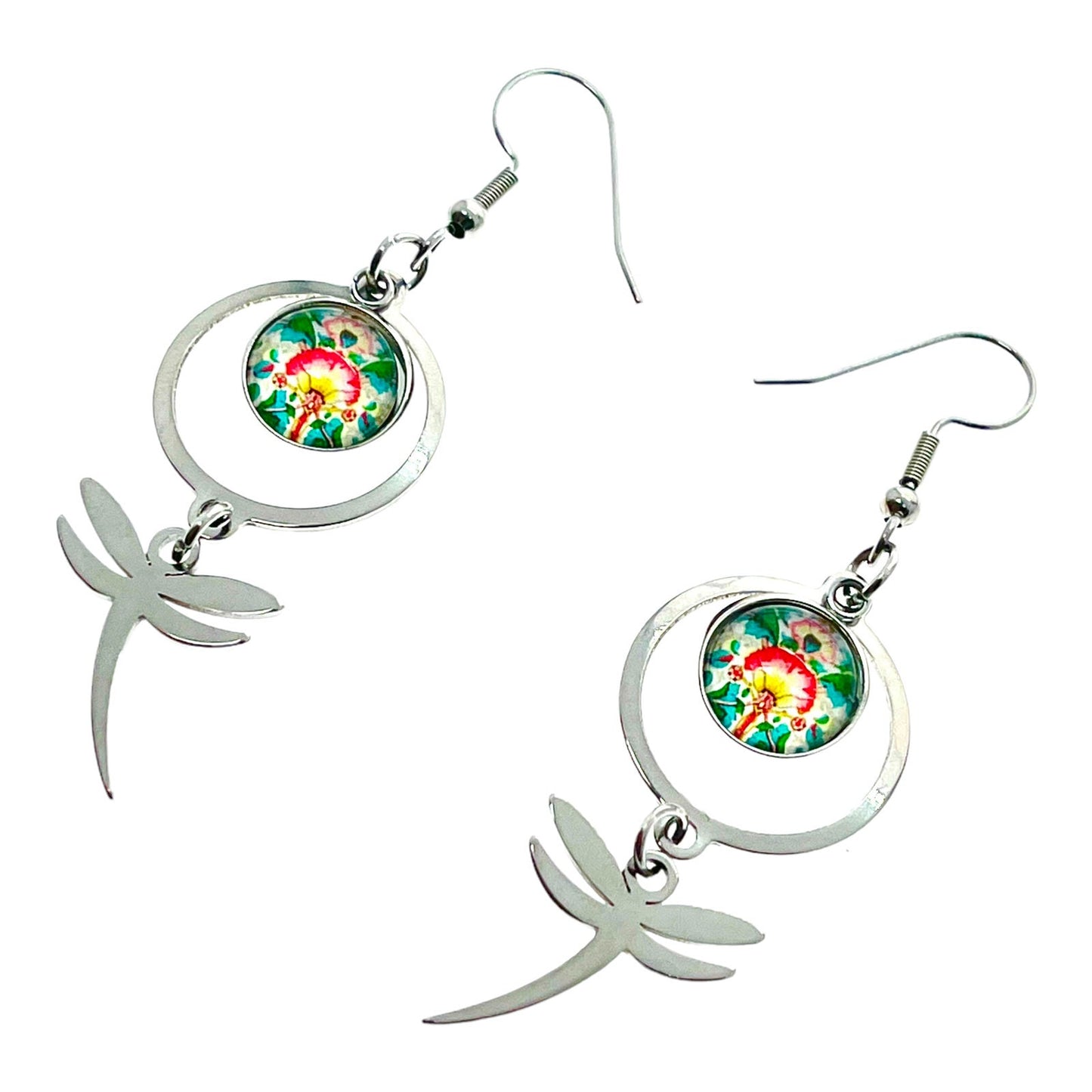 Bursting Blooms Dragonfly Earrings, Boho Hippie Jewelry, Bohemian Accessory, Rainbow Multicolor Floral Ear Wire Charm, Statement Pair