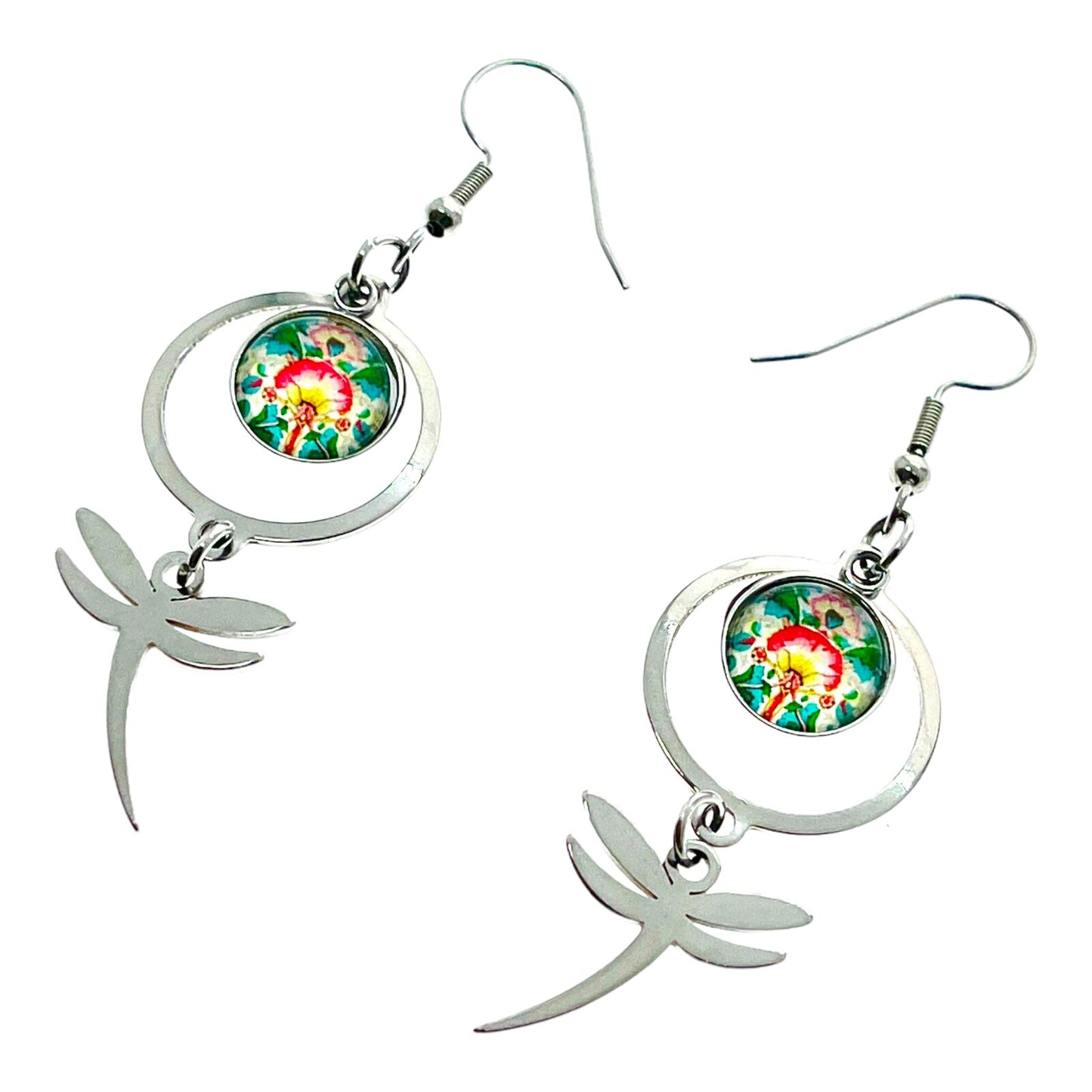 Bursting Blooms Dragonfly Earrings, Boho Hippie Jewelry, Bohemian Accessory, Rainbow Multicolor Floral Ear Wire Charm, Statement Pair