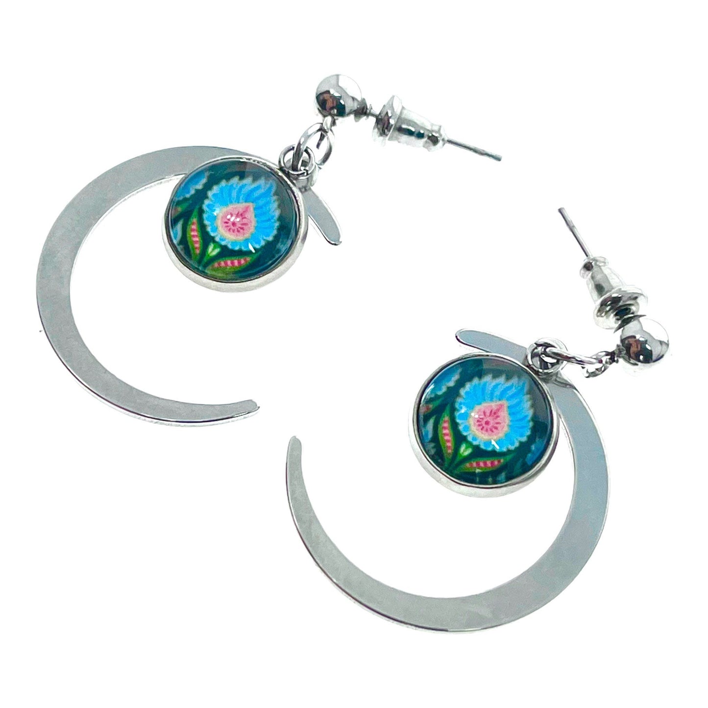 Blue Fuzzy Flower Crescent Moon Dangles, Boho Chic Earrings, Bohemian Celestial Earrings, Unique Hippie Jewelry, BohoLoveObsession