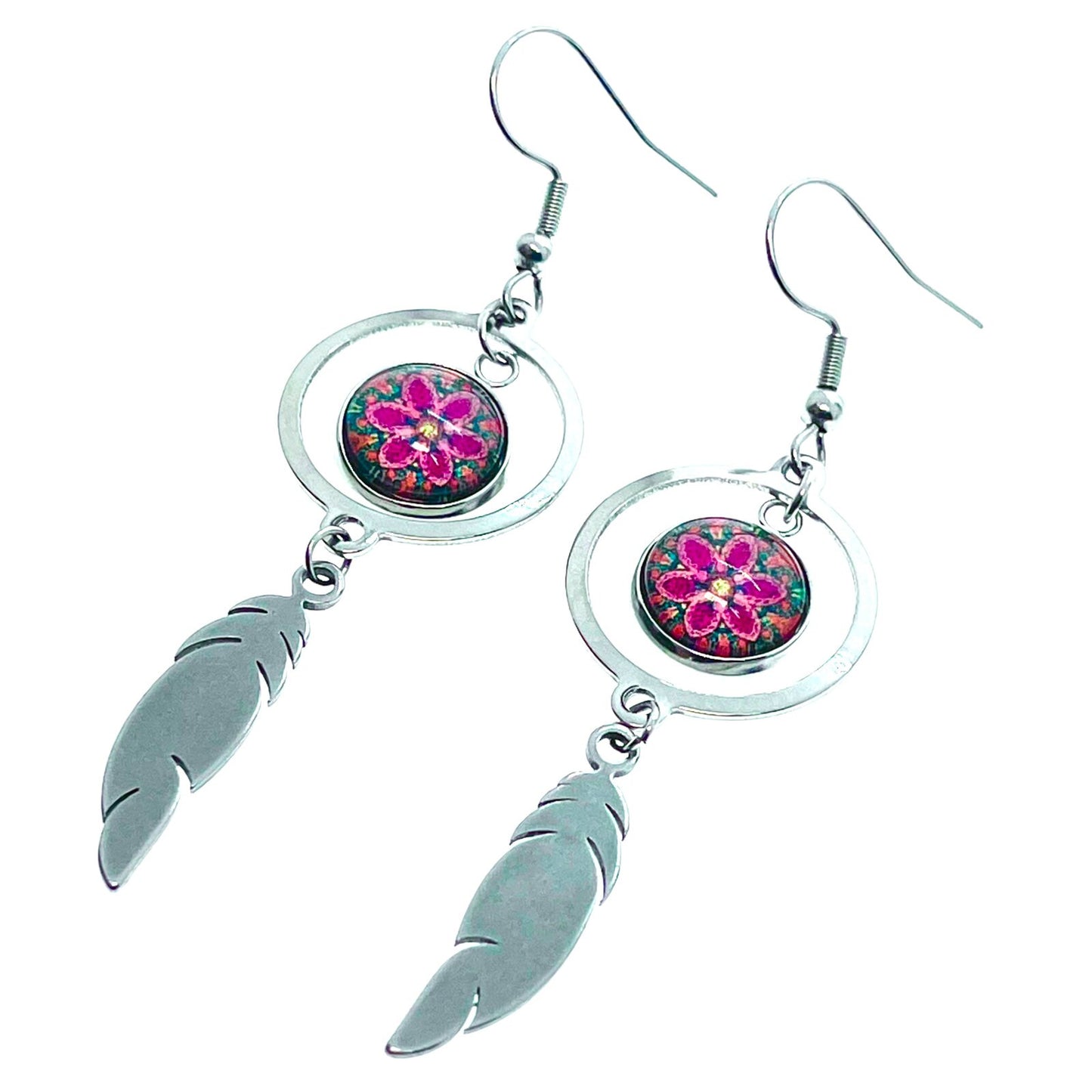 Polka Dot Daisy Feather Round Earrings, Boho Jewelry, Bohemian Accessory Pair, Hippie Earm Charms