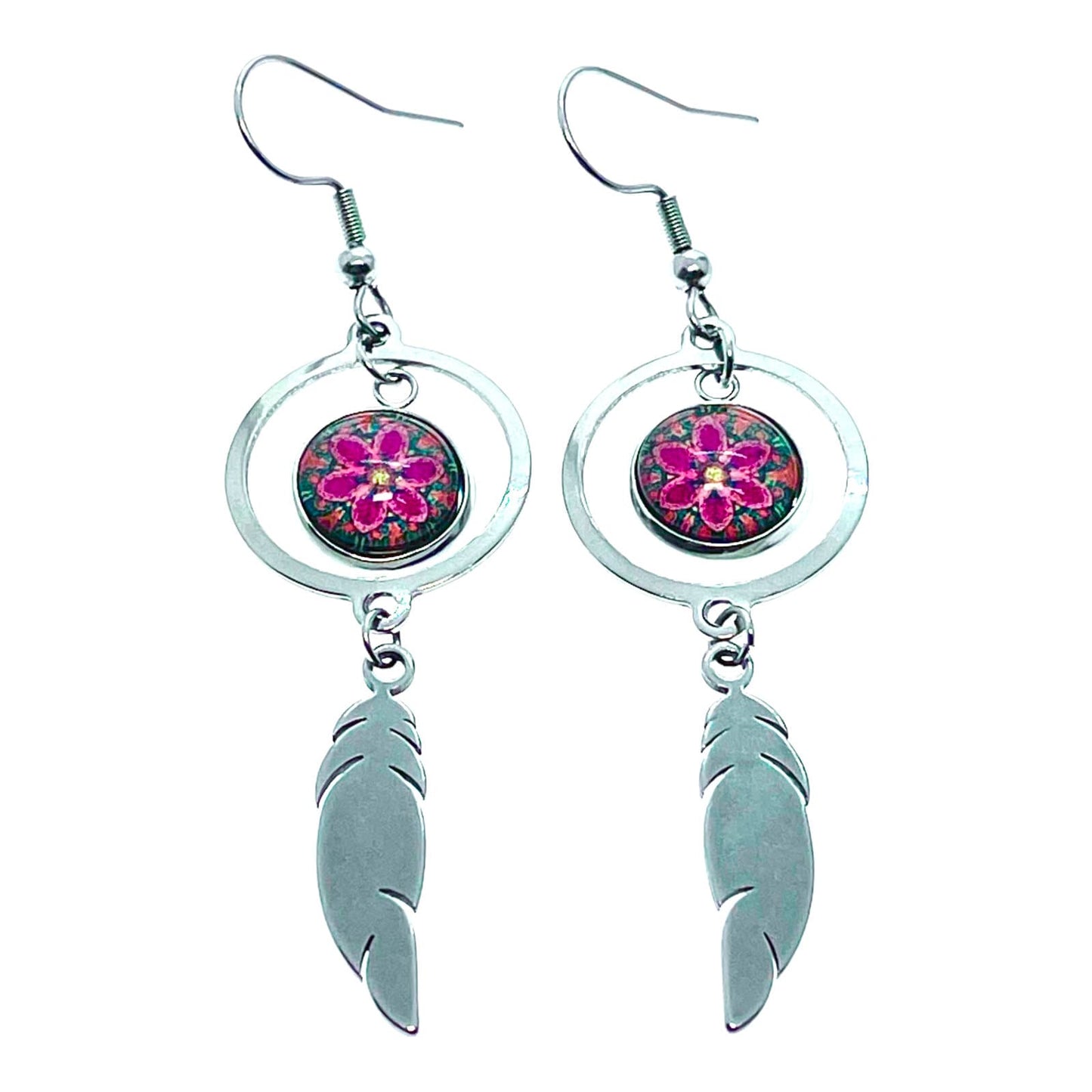 Polka Dot Daisy Feather Round Earrings, Boho Jewelry, Bohemian Accessory Pair, Hippie Earm Charms
