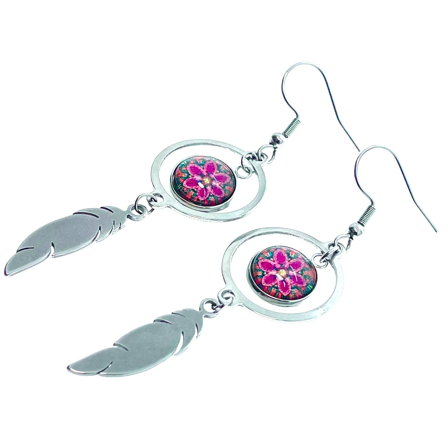 Polka Dot Daisy Feather Round Earrings, Boho Jewelry, Bohemian Accessory Pair, Hippie Earm Charms