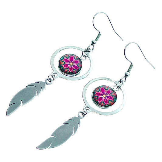 Polka Dot Daisy Feather Round Earrings, Boho Jewelry, Bohemian Accessory Pair, Hippie Earm Charms