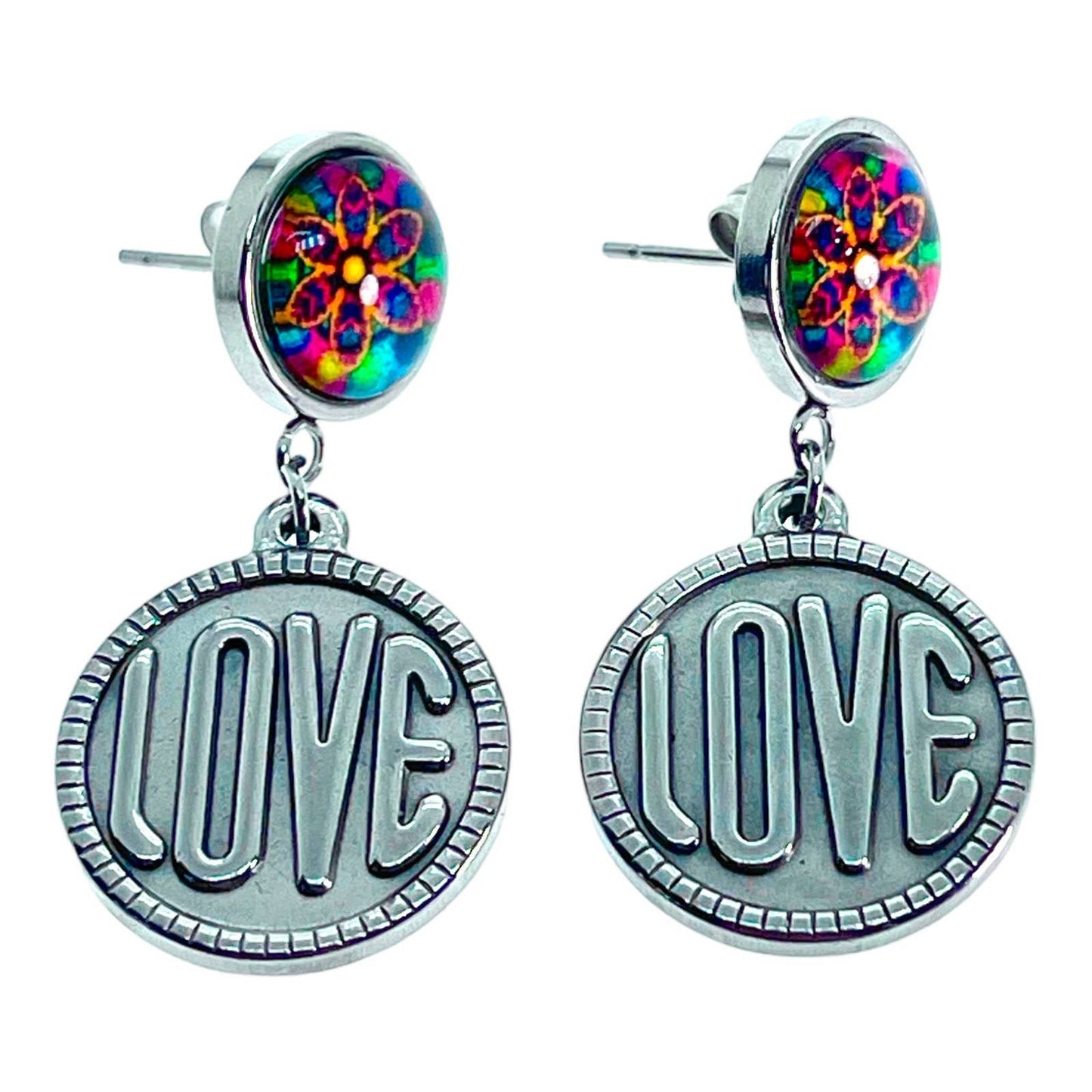 Rainbow Daisy Love Rocks Earrings, Boho Hippie Jewelry, Bohemian Gypsy Retro Accessory, Unique Vintage Statement Pair, Handmade Pushback