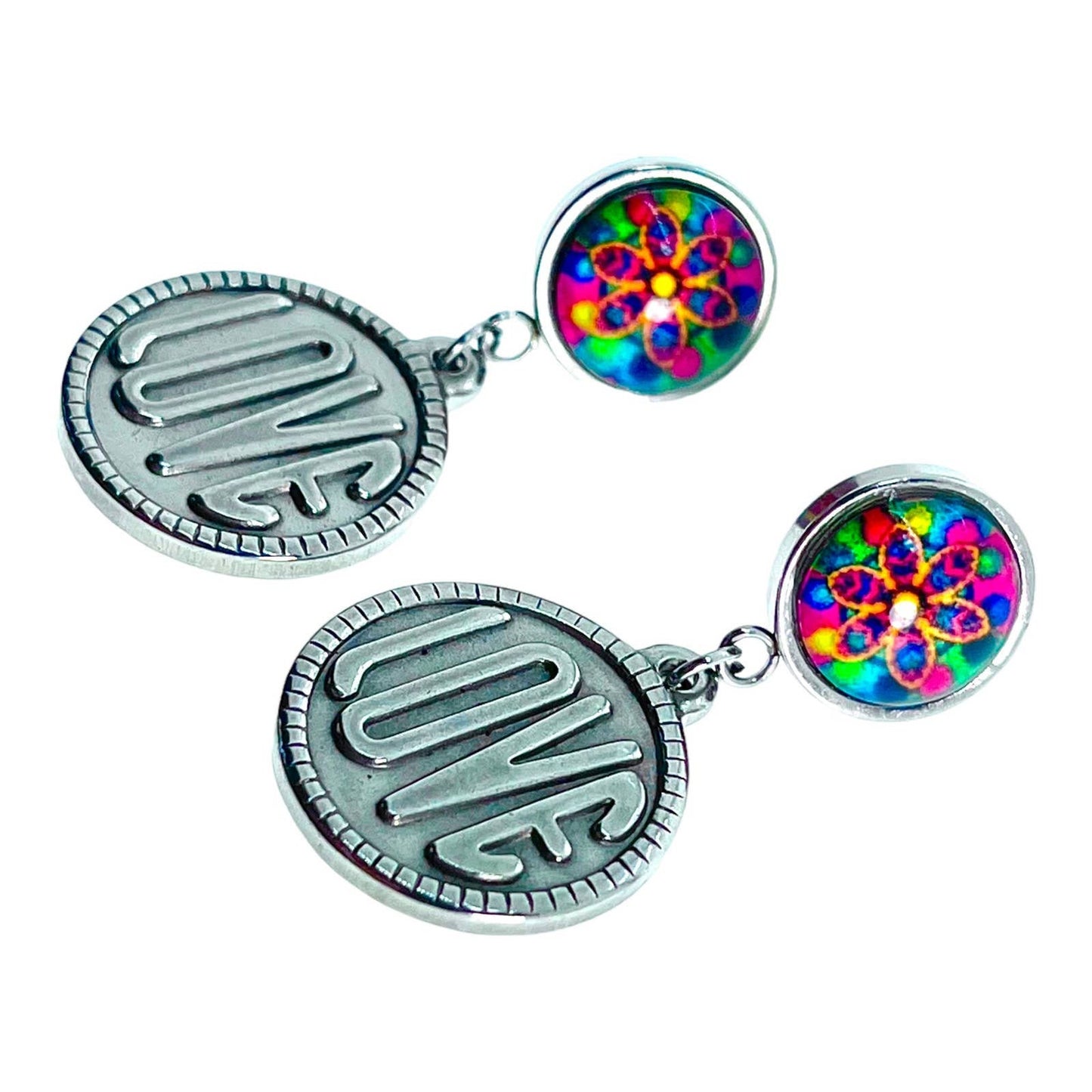 Rainbow Daisy Love Rocks Earrings, Boho Hippie Jewelry, Bohemian Gypsy Retro Accessory, Unique Vintage Statement Pair, Handmade Pushback