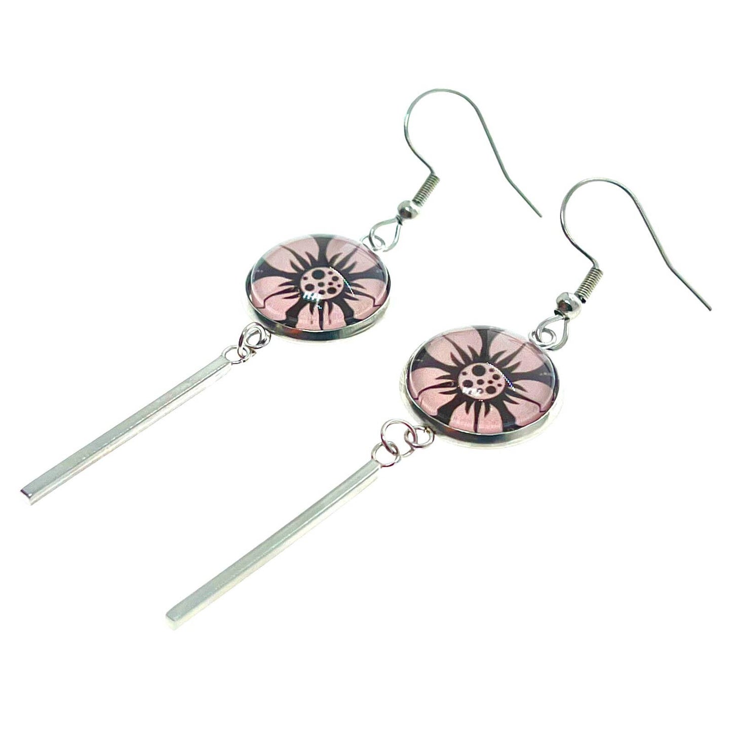 Darling Daisy Long Bar Earrings, Flower Accessory, Boho Hippie Bohemian Jewelry, Unique Photo Glass Charm
