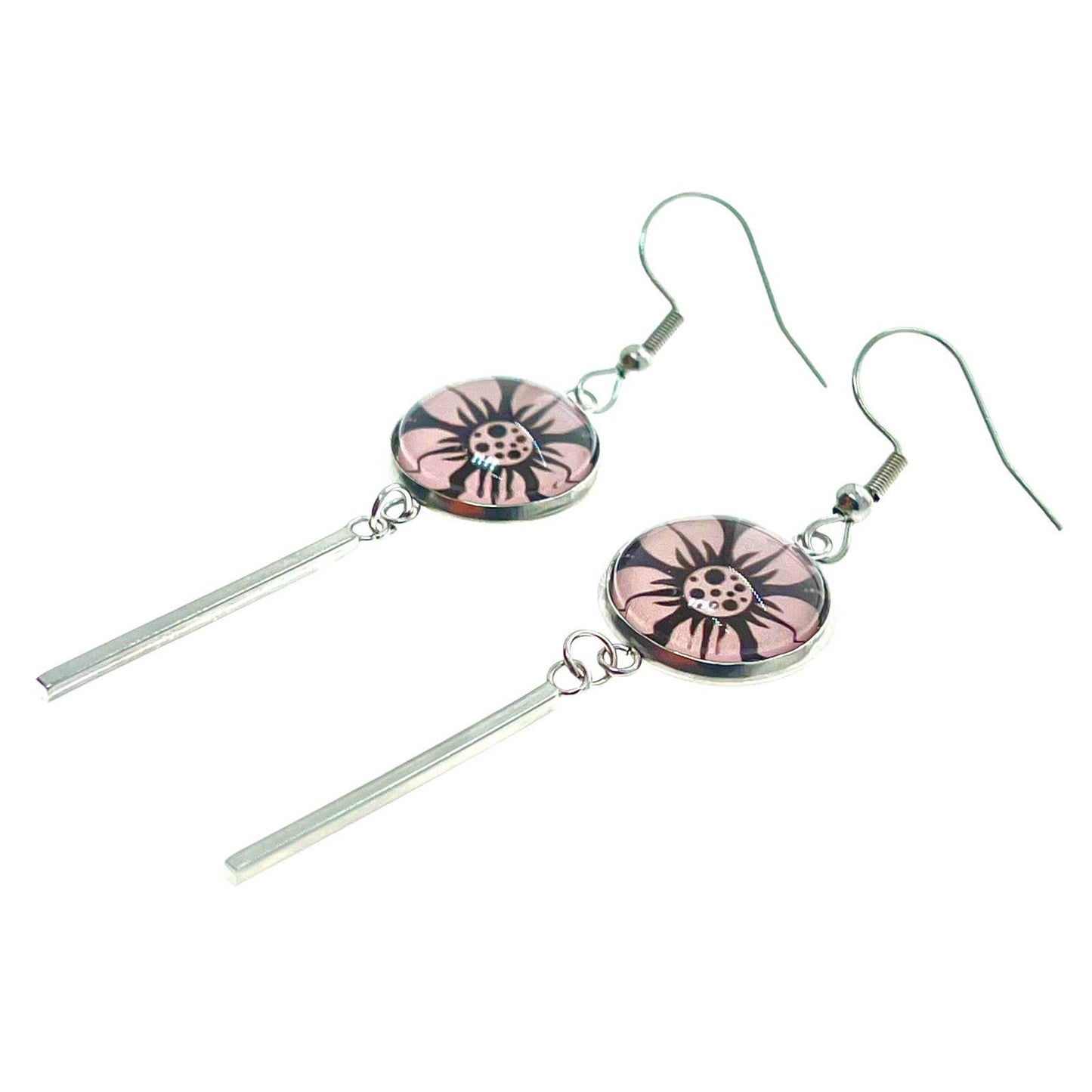 Darling Daisy Long Bar Earrings, Flower Accessory, Boho Hippie Bohemian Jewelry, Unique Photo Glass Charm