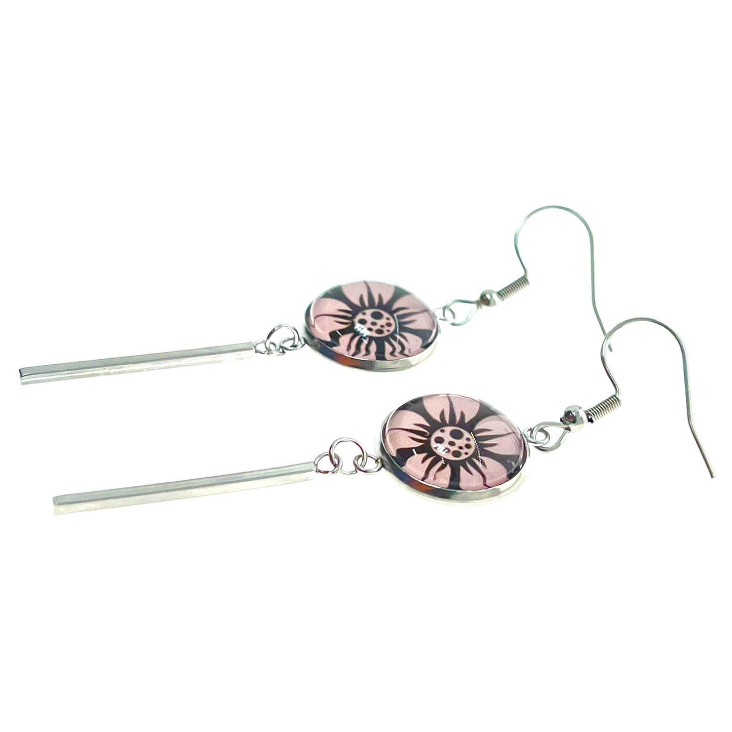 Darling Daisy Long Bar Earrings, Flower Accessory, Boho Hippie Bohemian Jewelry, Unique Photo Glass Charm