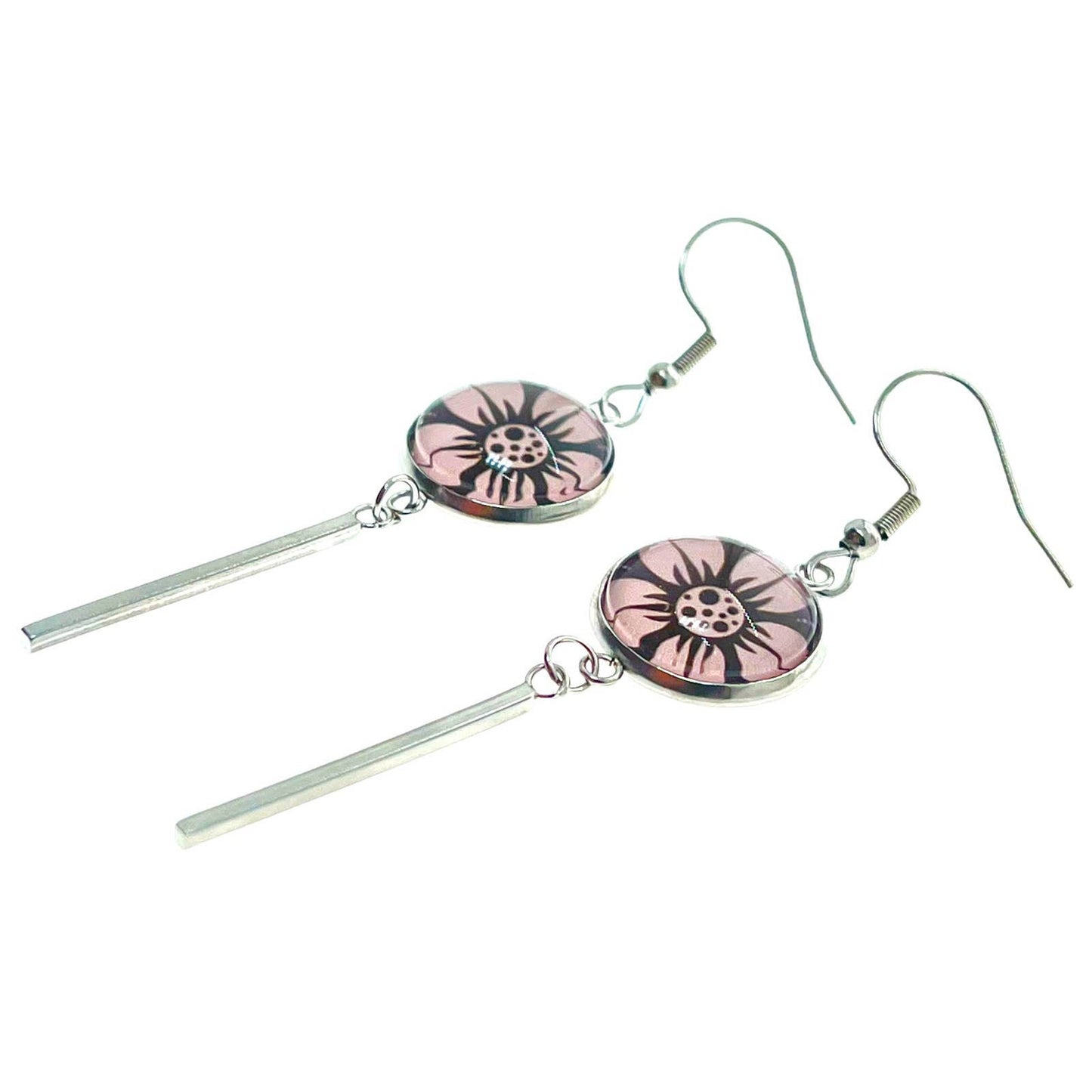 Darling Daisy Long Bar Earrings, Flower Accessory, Boho Hippie Bohemian Jewelry, Unique Photo Glass Charm