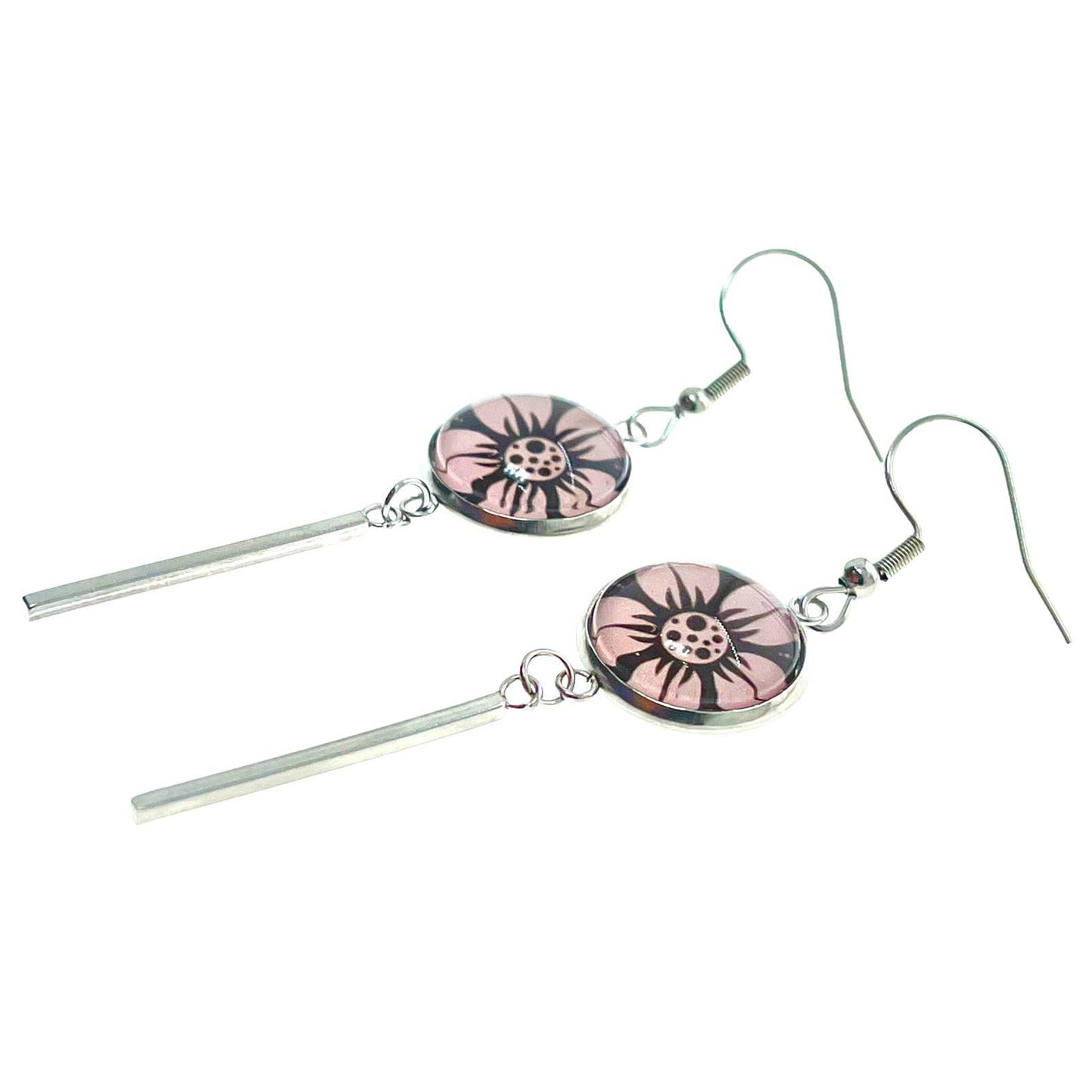 Darling Daisy Long Bar Earrings, Flower Accessory, Boho Hippie Bohemian Jewelry, Unique Photo Glass Charm
