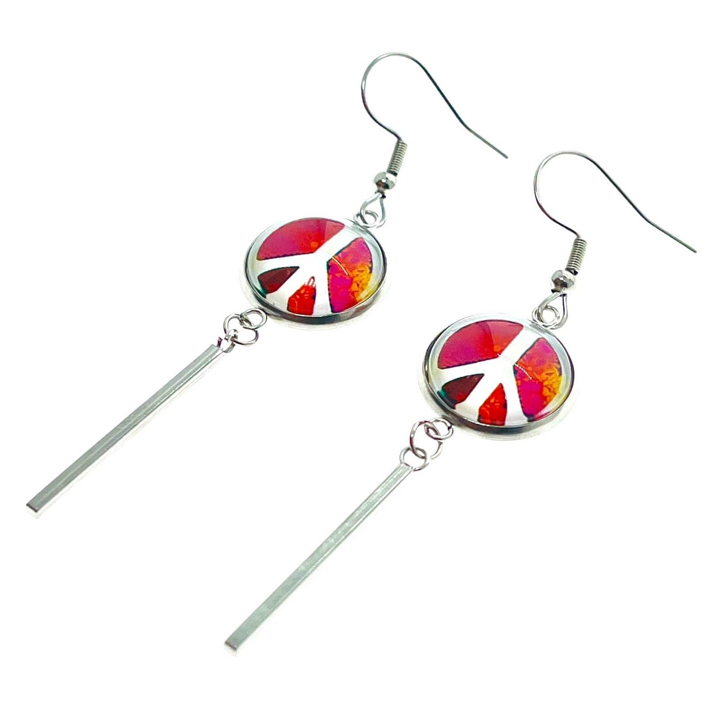 Poppin Pink Peace Long Bar Earrings, Boho Hippie Jewelry, Bohemian Accessory, 1960s 1970s Bauble