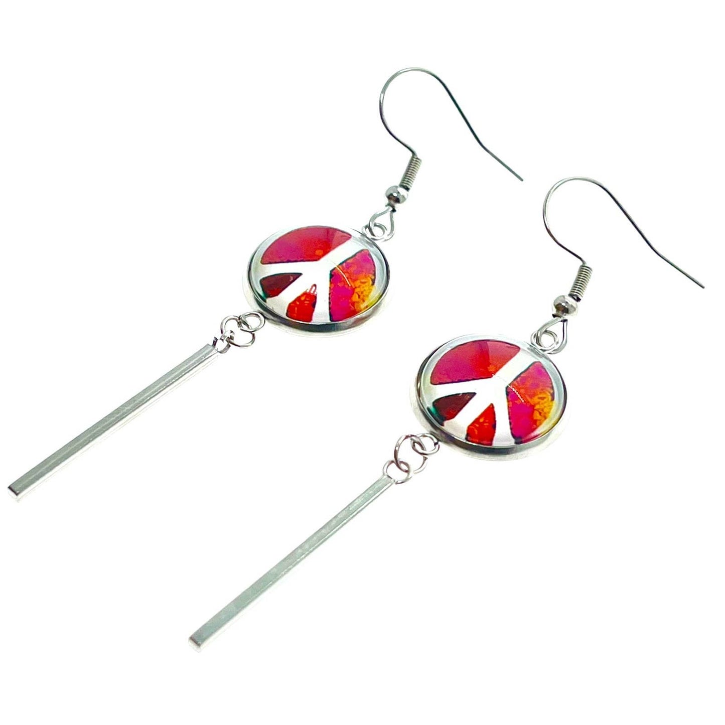Poppin Pink Peace Long Bar Earrings, Boho Hippie Jewelry, Bohemian Accessory, 1960s 1970s Bauble