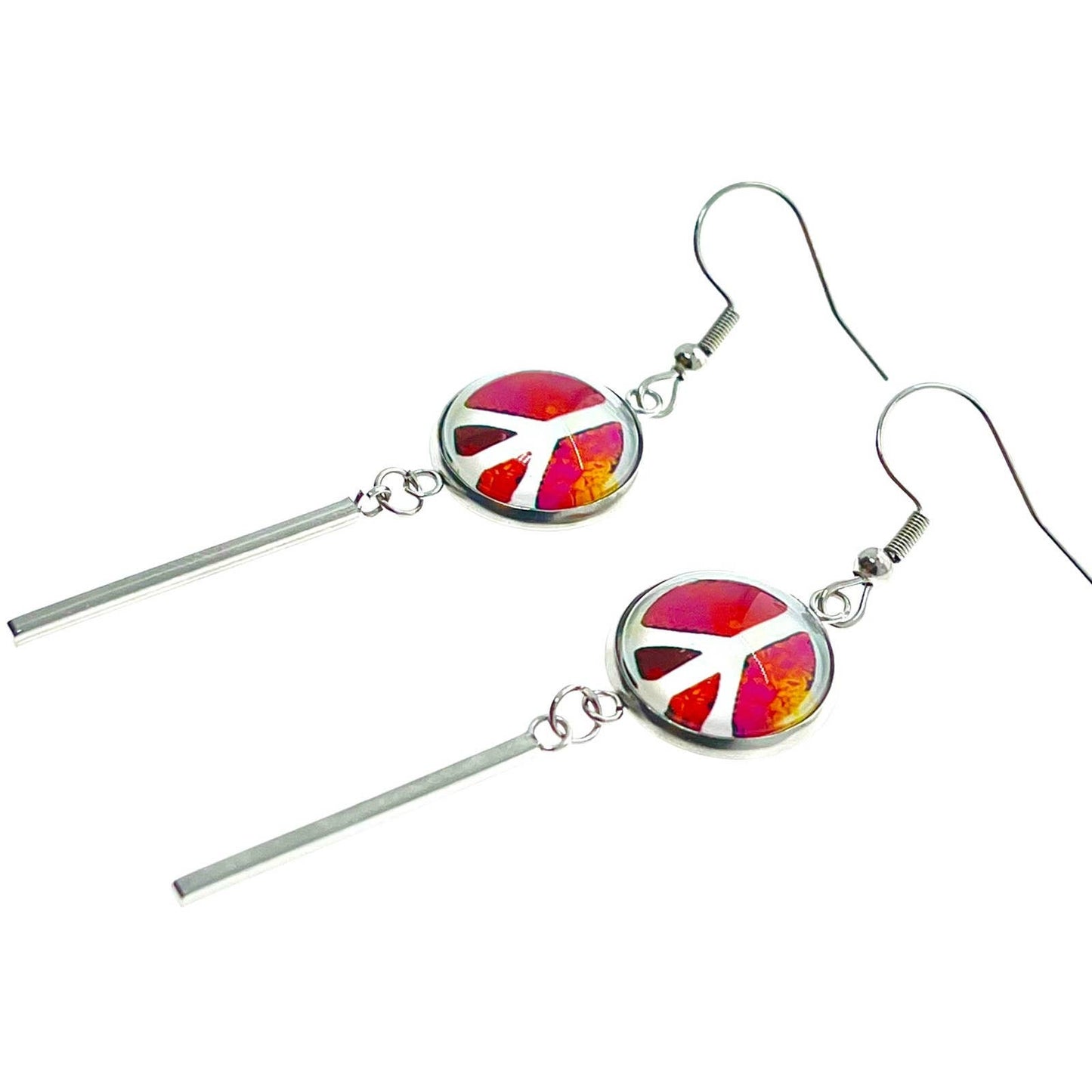 Poppin Pink Peace Long Bar Earrings, Boho Hippie Jewelry, Bohemian Accessory, 1960s 1970s Bauble