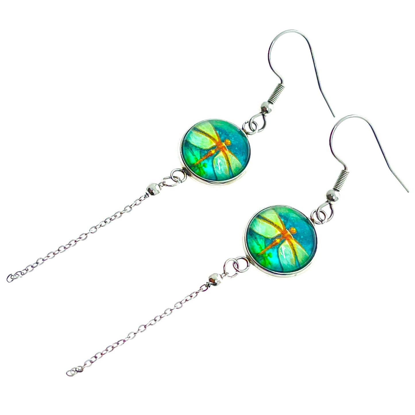 Emerald Dragonfly Chain Dangler Earrings, Bohemian Hippie Earrings, Nature Accessory, Boho Statement Pair, Green Ear Tassels