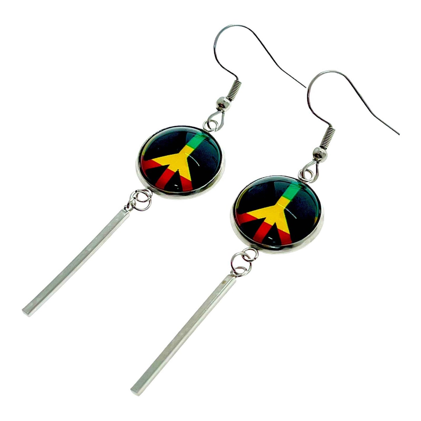 Rasta Peace Long Bar Earrings, Bohemian Jewelry, Boho Hippie Accessory, Rastafarian Earring