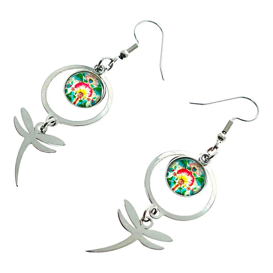Bursting Blooms Dragonfly Earrings, Boho Hippie Jewelry, Bohemian Accessory, Rainbow Multicolor Floral Ear Wire Charm, Statement Pair
