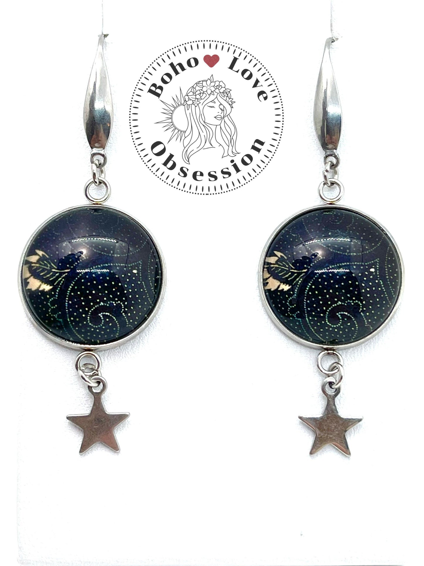 Black Paisley Star Child Dangles|Photo Glass Cabochon Earrings|Gifts for her|Ear Wire Earrings for Women with Star Charm| BohoLoveObsession
